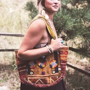 Handcrafted Tote Bag Embroidered Colorful Tribal Shoulder Handbag OOAK Boho